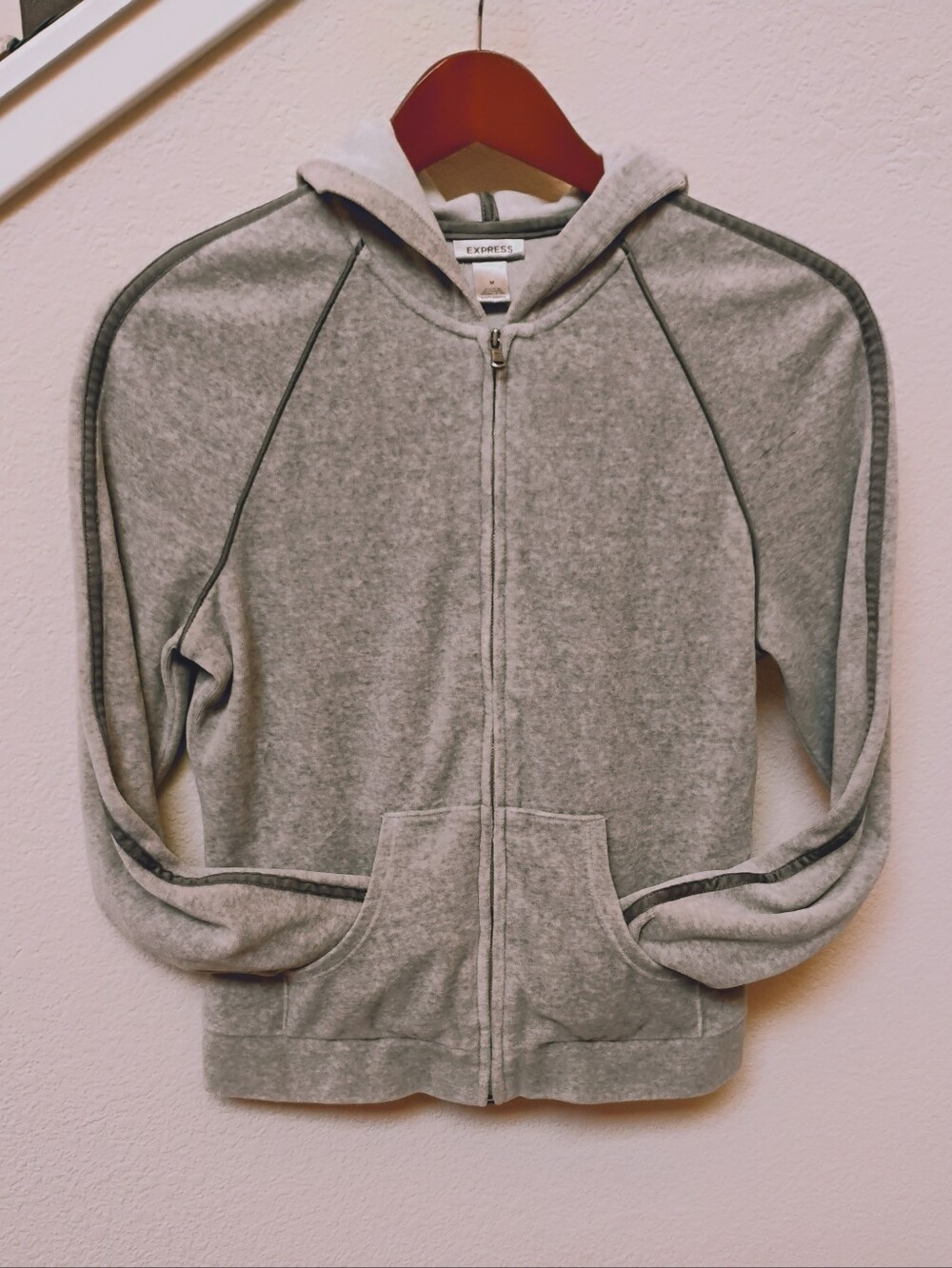 Express Gray Zip-Up Velour Hoodie Sweater with Contrast Piping